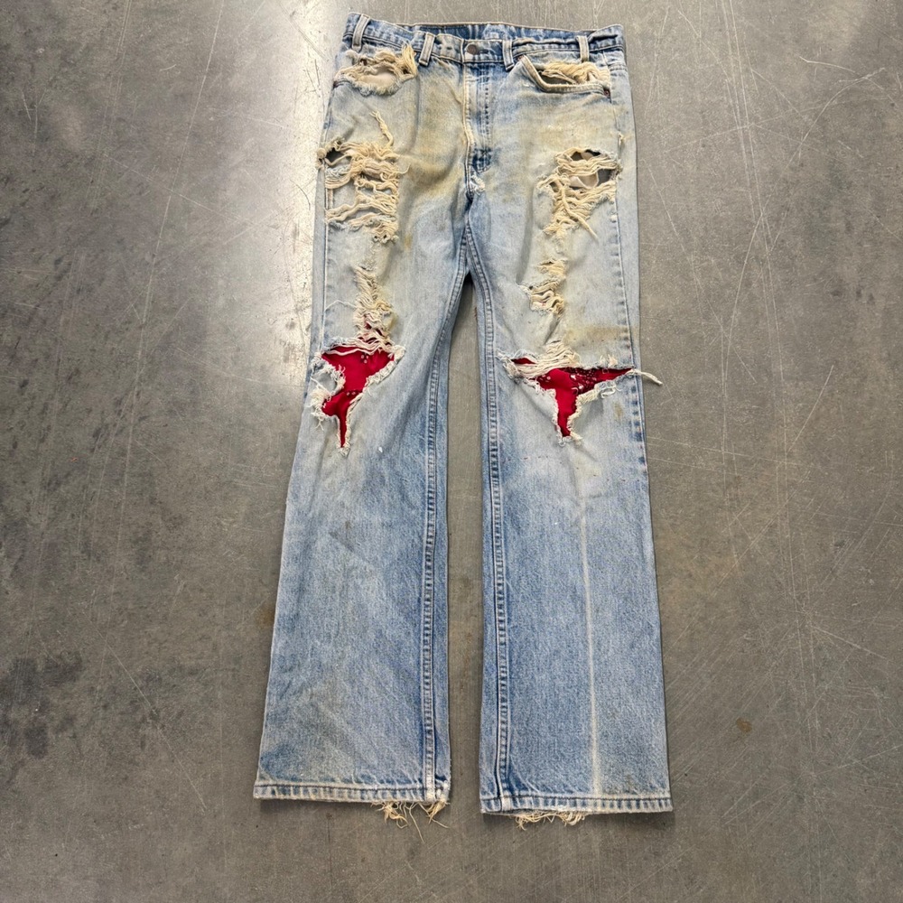 Vintage Levis 517 Orange Tab Distressed Bandana Patch Jeans 34x32 Made in USA